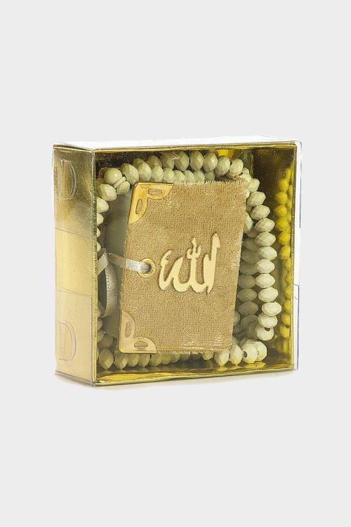 Gold Kadife Kaplı Mini Kuran Kutulu - Tesbihli