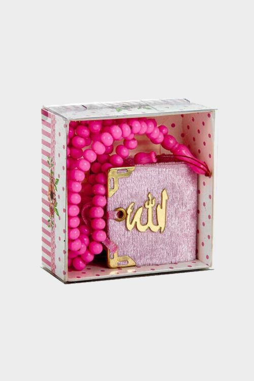 Pembe Kadife Kaplı Mini Kuran Kutulu - Tesbihli